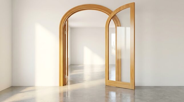 First time here design concept showcasing a modern arched wooden door with glass opening to bright interior space
