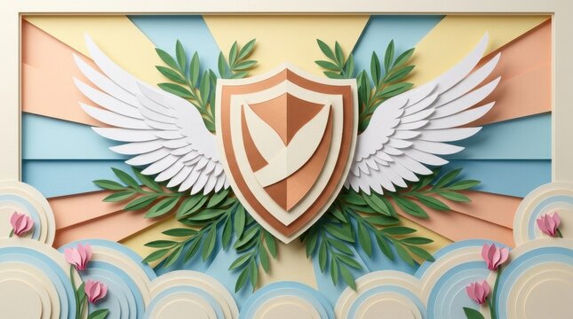 Paper-cut shield symbolizing unity with wings and leaves in pastel colors