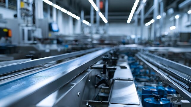 A modern industrial production line with metallic conveyors and hinery under bright overhead lighting  emphasizing clean surfaces and ope nal scale
