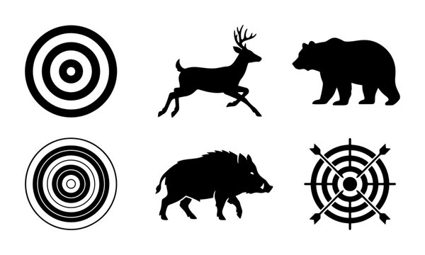 Hunting Icons Set: Deer, Bear, Wild Boar Silhouettes, Target Symbols, Vector Graphics for Outdoor Sports and Wildlife Themes