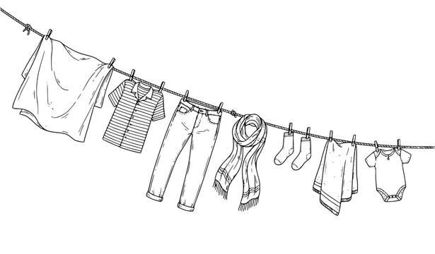 Laundry Clothesline Drying Clothes Minimal Line Art Vector
