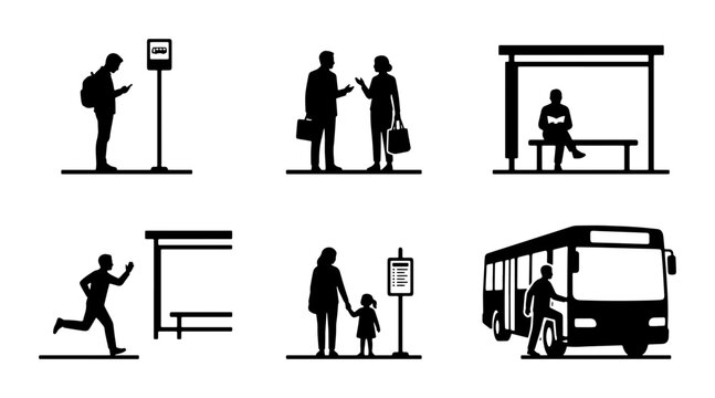 Bus Stop Silhouettes, Urban Commute Icons, Public Transport Collection, People Waiting Vector Set