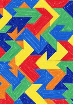 Colorful geometric arrow pattern, abstract mosaic, directional design, vibrant background.