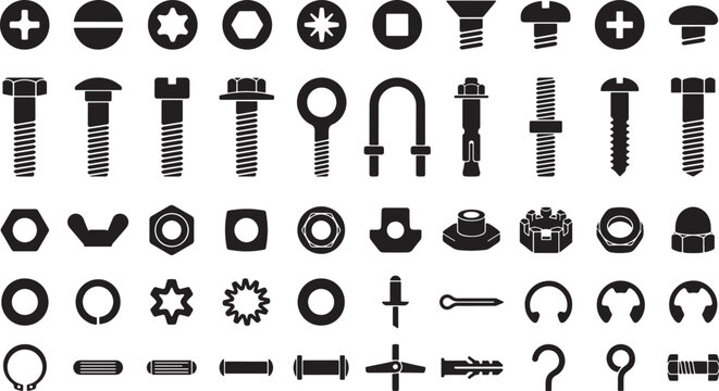 Set of black vector icons featuring various industrial fasteners bolts screws nuts and washers for construction