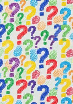 Colorful question marks pattern, abstract, conceptual, uncertainty, exploration, curiosity, inquiry, confusion.