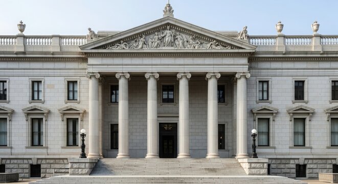 A large white building with columns and a triangular pediment illustration