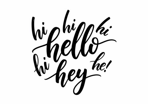 Greeting words collage, handwritten calligraphy, friendly hellos and hi messages.