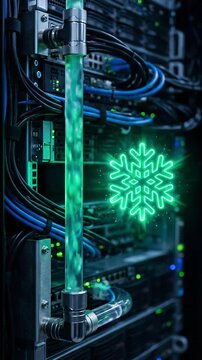 Energy Efficient AI Server Cooling Pipe with Green Fluid Snowflake Signals, Sustainable Liquid Cooling Technology for Data Center Performance