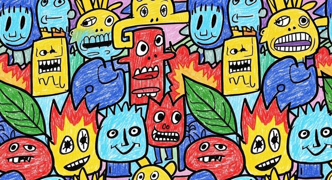 Whimsical monster pattern, colorful doodle art, playful characters, abstract background, fun, bright, creative, unique, vibrant, diverse.