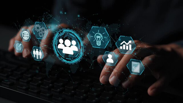 Hands Typing on Keyboard with Digital Icons Representing Networking, Data, and Technology, Concept of Collaboration and Data Analysis in Business Environment. Entropy.