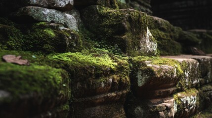 Obraz premium Ancient stone walls inside ta prohm temple with moss covered weathered surfaces and dramatic natural light, historic khmer architecture and cultural heritage in angkor, cambodia