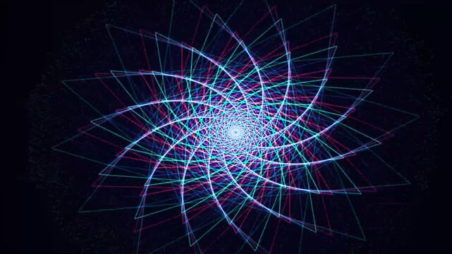 Abstract geometric spiral animation, glowing blue and red neon lines forming a kaleidoscope pattern, futuristic digital motion background