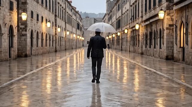Person walking alone under clear umbrella on wet marble street, autumn rain in Dubrovnik old town