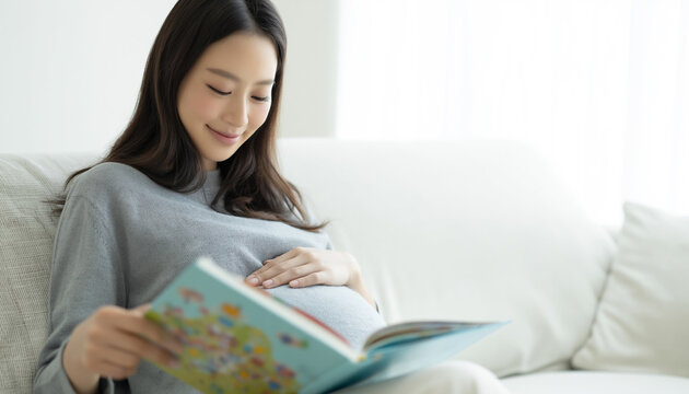 A pregnant woman sits on a sofa with one hand on her baby bump while reading an illustrated book at home.