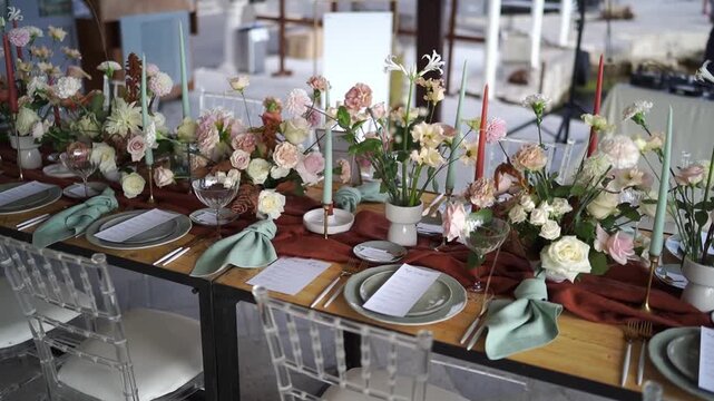 Wedding reception tablescape with rust runner and blush flowers, Montenegro banquet