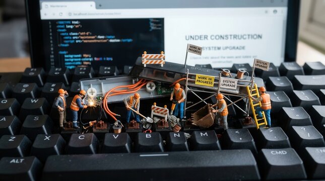 Miniature Builders Working On A Keyboard Under Construction System Upgrade
