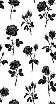 Black Rose Silhouette Pattern on White Background