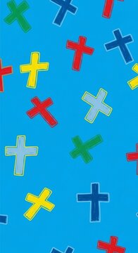 Colorful Christian Cross Pattern on Blue Background