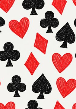 Hand-drawn playing card suits, hearts, diamonds, clubs, spades, abstract pattern, seamless, red and black on white.