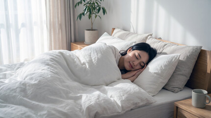 Fototapeta premium Young Asian Woman Sleeping Peacefully in Comfortable Bed with White Blanket at Home 