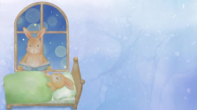 光あふれる夜、ベッドルームでウサギの親子が寝る前の読み聞かせをしているループアニメーション。幻想的で美しい映像。