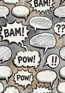 Comic Book Speech Bubbles and Sound Effects, Retro Pop Art Style, Abstract Graphic Pattern