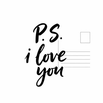 Handwritten "P.S. I Love You" script on minimalist postcard background, graphic design, romantic message, sentimental.