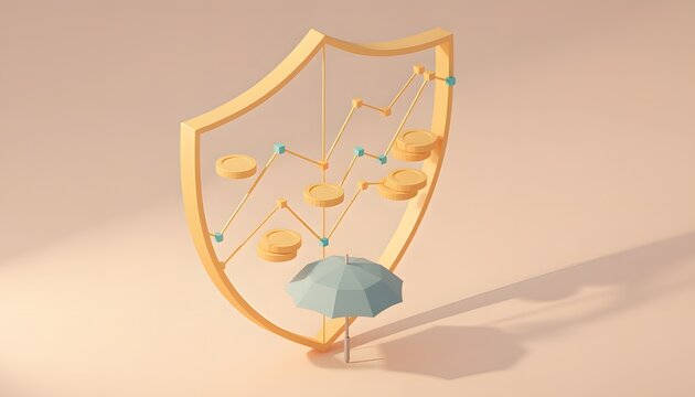 Golden shield safeguarding investment graph with coins and protective umbrella symbolising financial insurance asset security risk management