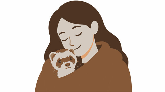 Woman holding a ferret in her arms, flat design illustration, concept of companionship