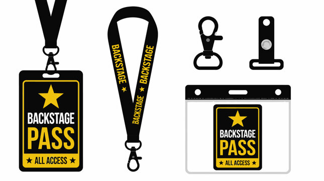Backstage Pass Set with Lanyard and Holder, Vector Graphic Element