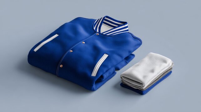 Comfort and self-expression varsity jacket mockup folded neatly, featuring a clean blank surface for custom logos, patches, graphics, typography, fashion branding, apparel design, merchandise concepts