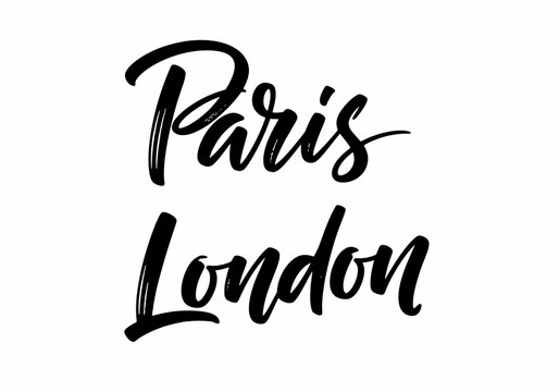 Handwritten Text: Paris and London, Elegant Typography, City Names, Travel Concept, Black and White, Brush Script, Typography Design