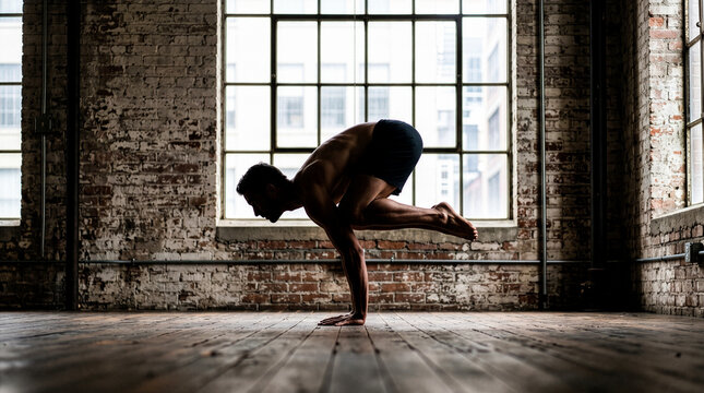 Man practicing crow pose yoga arm balance in industrial brick loft