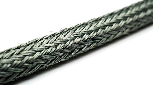 Green braided nylon rope diagonal close up on white background