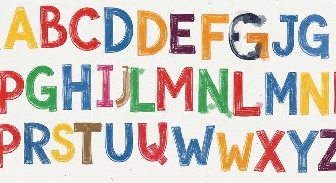 Colorful alphabet letters in a playful, hand-painted style, displayed in three rows.