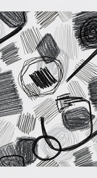 Abstract pencil sketches, scribbles, shapes, monochrome art, graphic design background, creative texture.