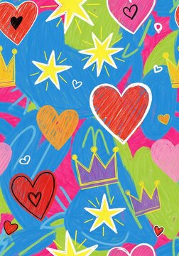 Whimsical hearts, stars, and crowns pattern. Vibrant, playful, childlike artistic design.