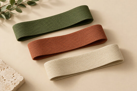 Fabric resistance loop bands in earthy colors on a beige background