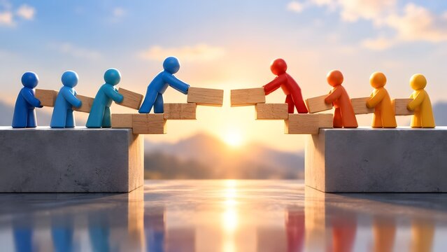 Colorful stylized team collaborating to build a wooden block bridge across a concrete gap at sunset