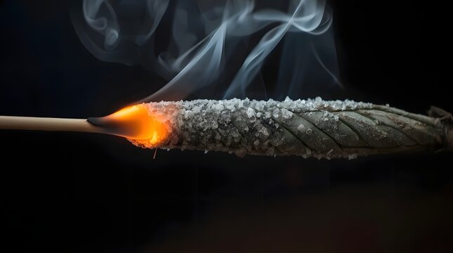 Macro shot of a burning matchstick with glowing orange flame and wisps of rising white smoke against a dark background