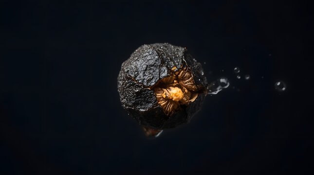 Extreme macro of a cracked black peppercorn revealing golden texture against dark background with cinematic studio lighting and deep shadows