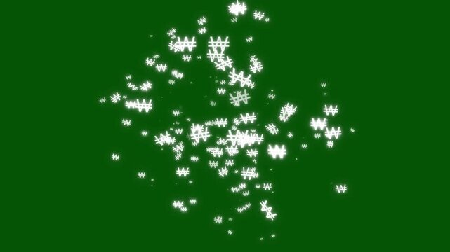 Glowing white korean won krw currency icon symbol motion graphics loop with shiny glitter particles and bokeh effect on green background for finance and business concept, economy, savings, 4k
