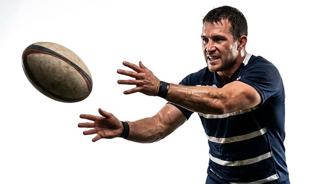 Close up, Rugby player throwing ball against spotlight, white background