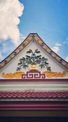 Close-up of an ornate triangular gable on a traditional Thai temple, decorated with colorful floral ceramic motifs and gold ornamental patterns against a bright blue sky. © อนุรักษ์ บุญมี
