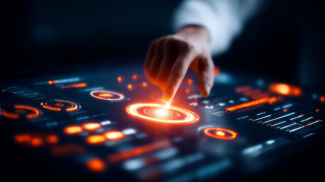 A hand touching a digital control interface represents interactive data management and advanced business analytics technology.
