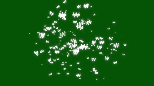 Glowing white korean won krw currency icon symbol motion graphics loop with shiny glitter particles and bokeh effect on green background for finance and business concept, economy, savings, 4k