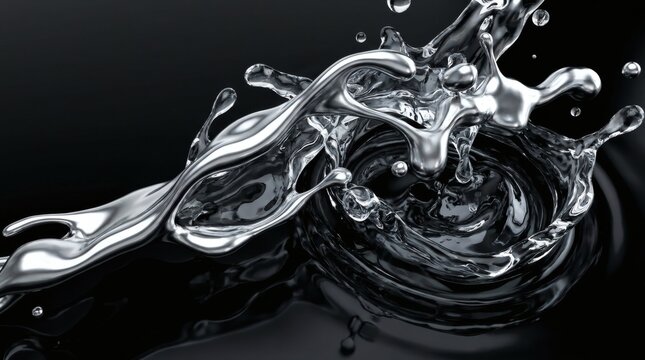 Abstract dynamic splash of liquid chrome silver mercury on black reflective surface