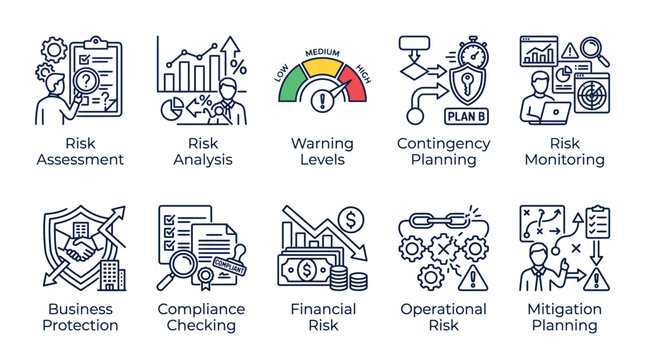 Risk management vector graphic set displaying various business icons for professional corporate strategy analysis and planning