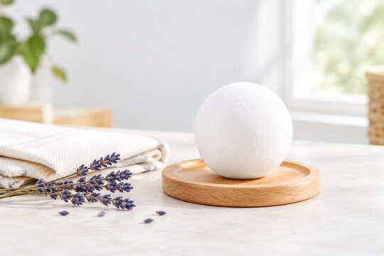 Camphor ball on wooden coaster with cotton cloth and dried lavender