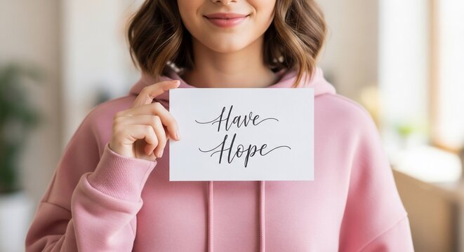 Woman holding card with handwritten message "Have Hope". Positive encouragement and optimism.